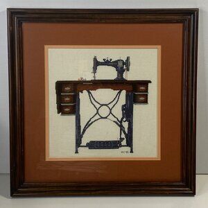 Vintage 1985 Handmade Antique Sewing Machine 16" Framed Cross Stitch